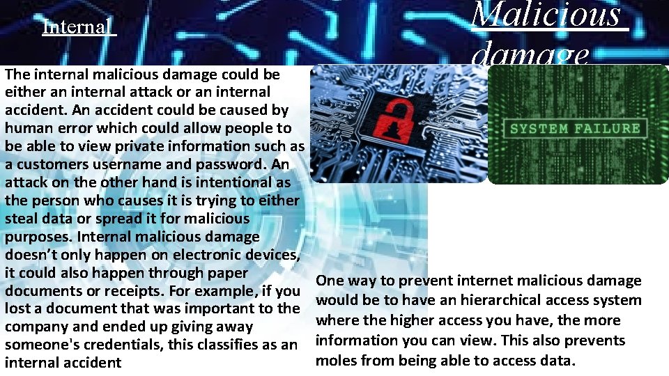 Internal The internal malicious damage could be either an internal attack or an internal