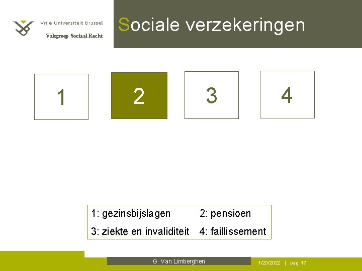 Vakgroep Sociaal Recht 1 Sociale verzekeringen 4 3 2 1: gezinsbijslagen 2: pensioen 3: