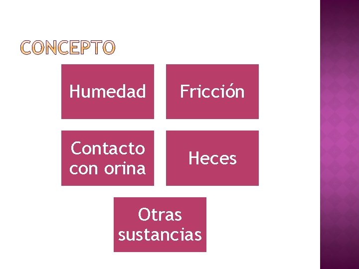 Humedad Fricción Contacto con orina Heces Otras sustancias 