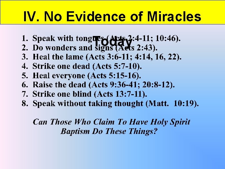 IV. No Evidence of Miracles Today 