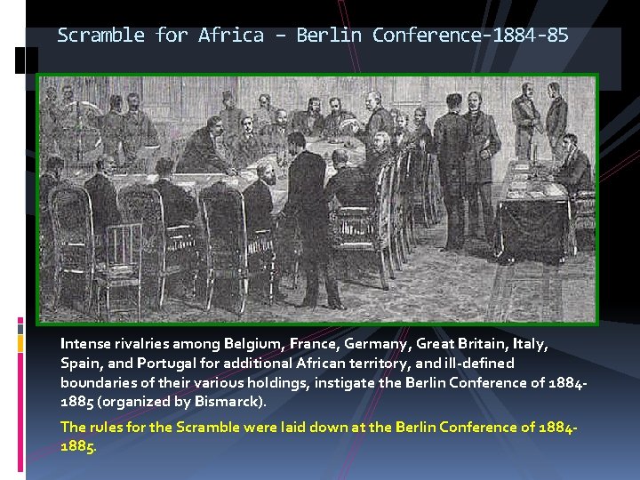 Scramble for Africa – Berlin Conference-1884 -85 Intense rivalries among Belgium, France, Germany, Great