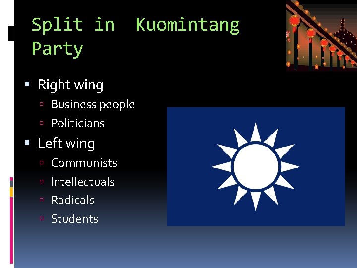 Split in Party Kuomintang Right wing Business people Politicians Left wing Communists Intellectuals Radicals