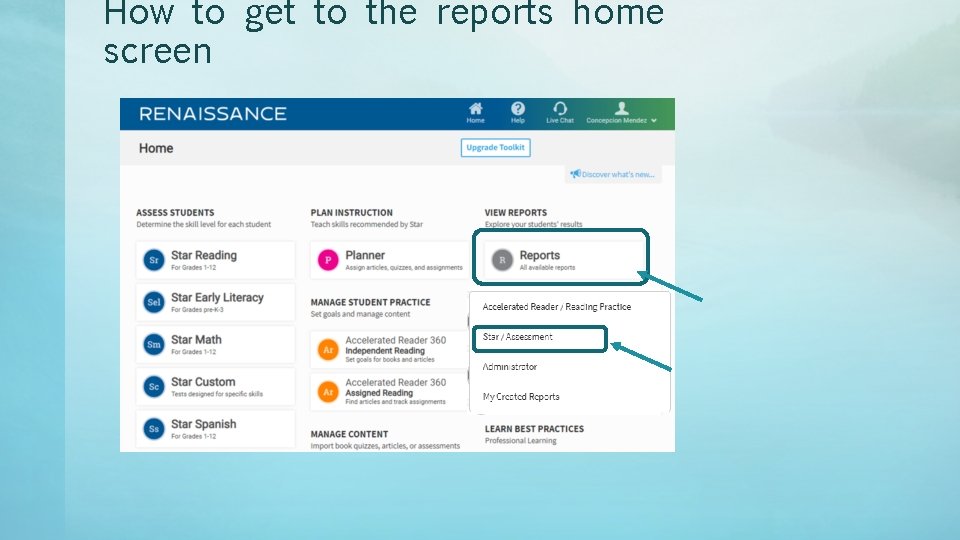 How to get to the reports home screen 