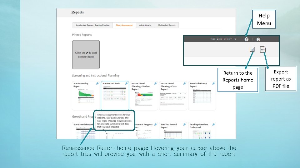 Renaissance Report home page: Hovering your curser above the report tiles will provide you