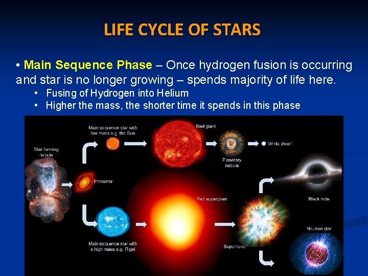 LIFE CYCLE OF STARS • Main Sequence Phase – Once hydrogen fusion is occurring