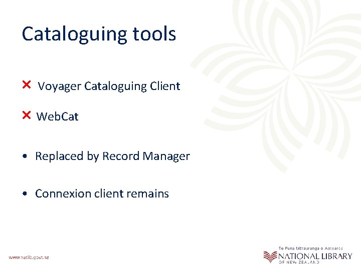 Cataloguing tools × Voyager Cataloguing Client × Web. Cat • Replaced by Record Manager