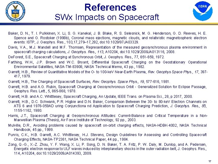 References SWx Impacts on Spacecraft Baker, D. N. , T. I. Pulkkinen, X. Li,