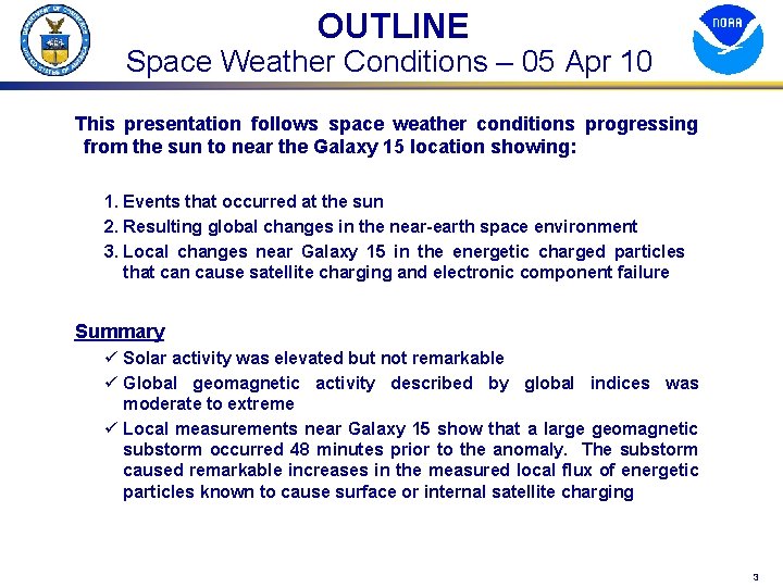 OUTLINE Space Weather Conditions – 05 Apr 10 This presentation follows space weather conditions