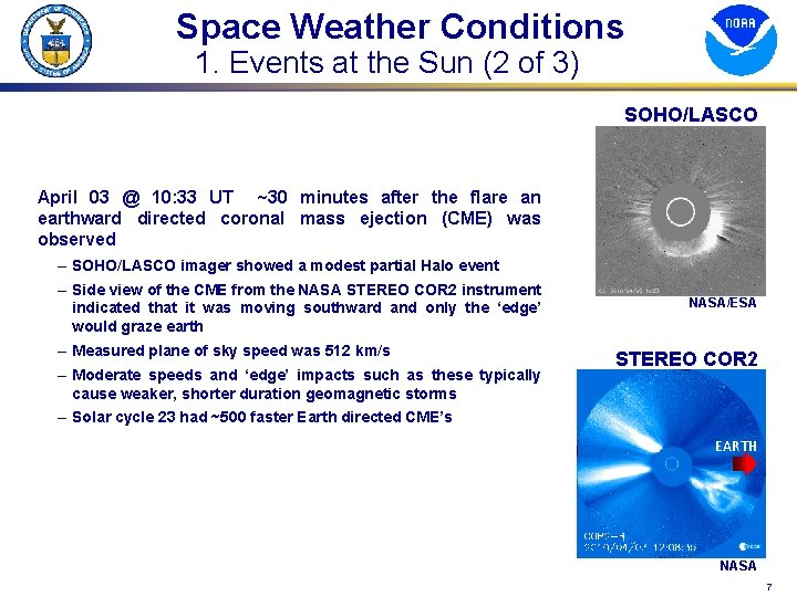 Space Weather Conditions 1. Events at the Sun (2 of 3) SOHO/LASCO April 03