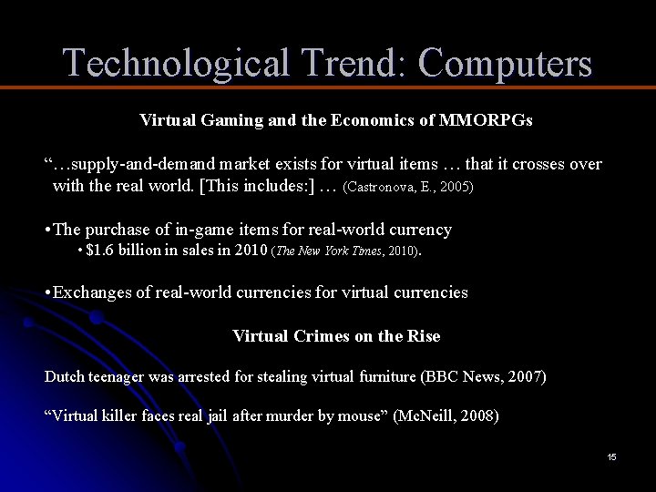 Technological Trend: Computers Virtual Gaming and the Economics of MMORPGs “…supply-and-demand market exists for