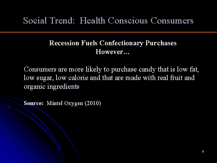 Social Trend: Health Conscious Consumers Recession Fuels Confectionary Purchases However… Consumers are more likely