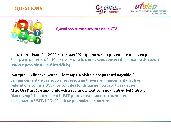 QUESTIONS Questions survenues lors de la CT 2 Les actions financées 2020 reportées 2021