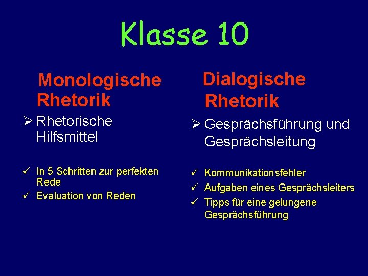 Klasse 10 Monologische Rhetorik Dialogische Rhetorik Ø Rhetorische Hilfsmittel Ø Gesprächsführung und Gesprächsleitung ü