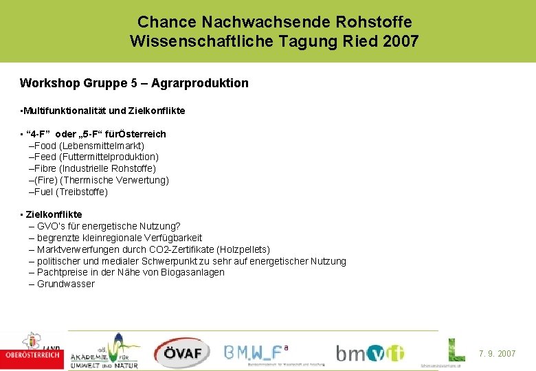 Chance Nachwachsende Rohstoffe Wissenschaftliche Tagung Ried 2007 Workshop Gruppe 5 – Agrarproduktion • Multifunktionalität