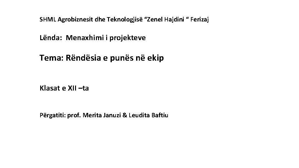 SHML Agrobiznesit dhe Teknologjisë “Zenel Hajdini “ Ferizaj Lënda: Menaxhimi i projekteve Tema: Rëndësia