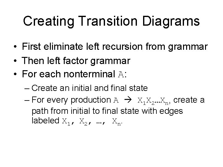Creating Transition Diagrams • First eliminate left recursion from grammar • Then left factor
