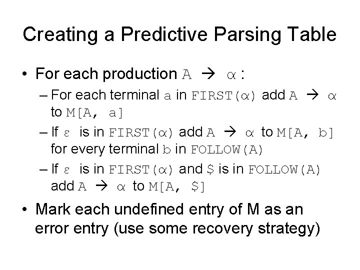Creating a Predictive Parsing Table • For each production A α : – For