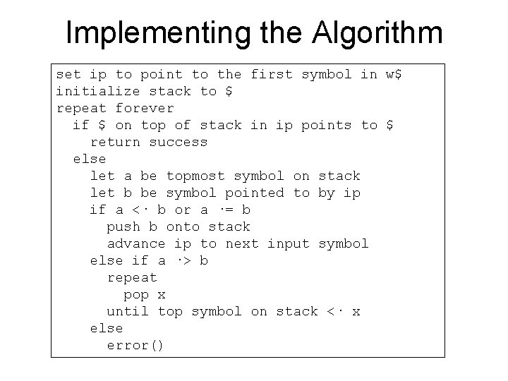 Implementing the Algorithm set ip to point to the first symbol in w$ initialize