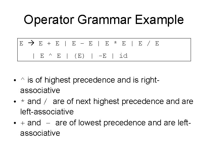 Operator Grammar Example E E + E | E – E | E *