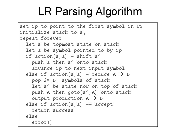 LR Parsing Algorithm set ip to point to the first symbol in w$ initialize