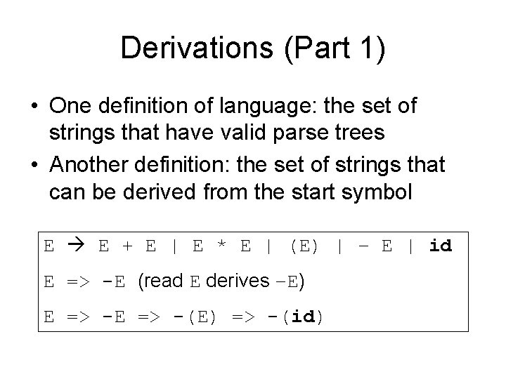 Derivations (Part 1) • One definition of language: the set of strings that have