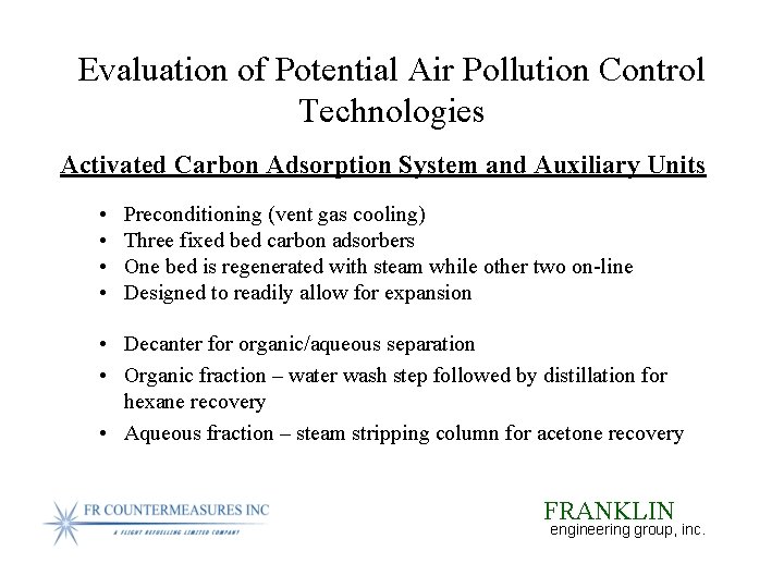 Evaluation of Potential Air Pollution Control Technologies Activated Carbon Adsorption System and Auxiliary Units