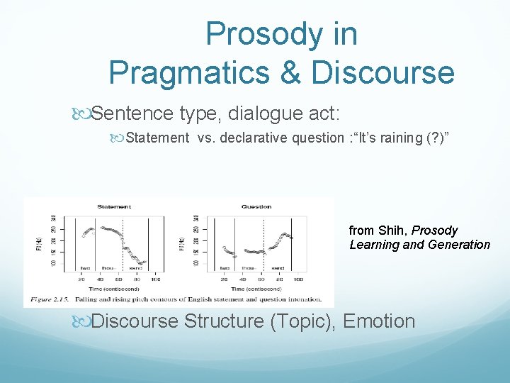 Prosody in Pragmatics & Discourse Sentence type, dialogue act: Statement vs. declarative question :