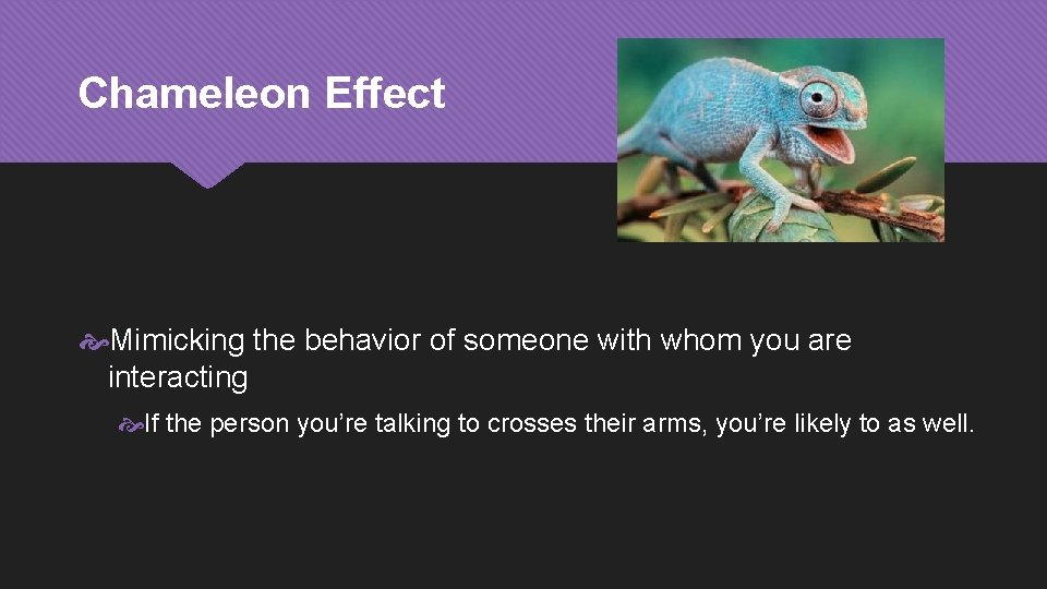 Chameleon Effect Mimicking the behavior of someone with whom you are interacting If the