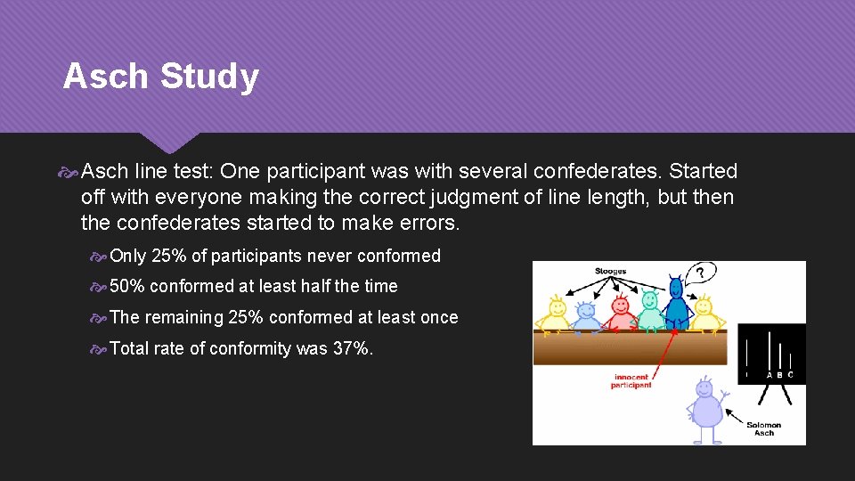 Asch Study Asch line test: One participant was with several confederates. Started off with