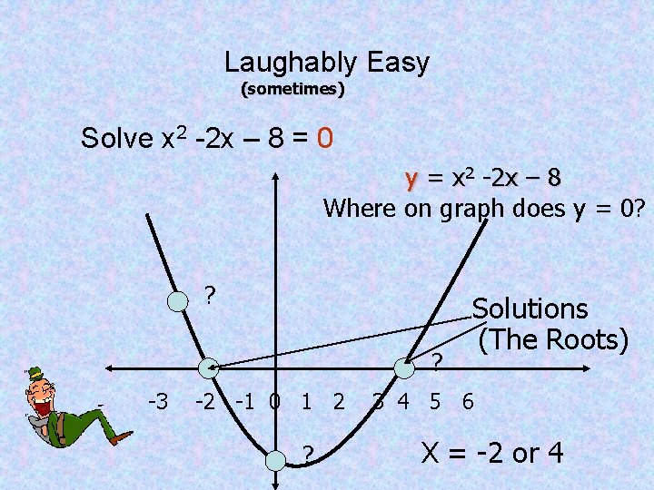 Laughably Easy (sometimes) Solve x 2 -2 x – 8 = 0 y = Laughably Easy (sometimes) Solve x 2 -2 x – 8 = 0 y =