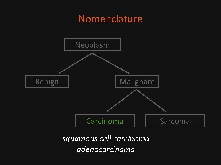 Nomenclature Neoplasm Benign Malignant Carcinoma squamous cell carcinoma adenocarcinoma Sarcoma 