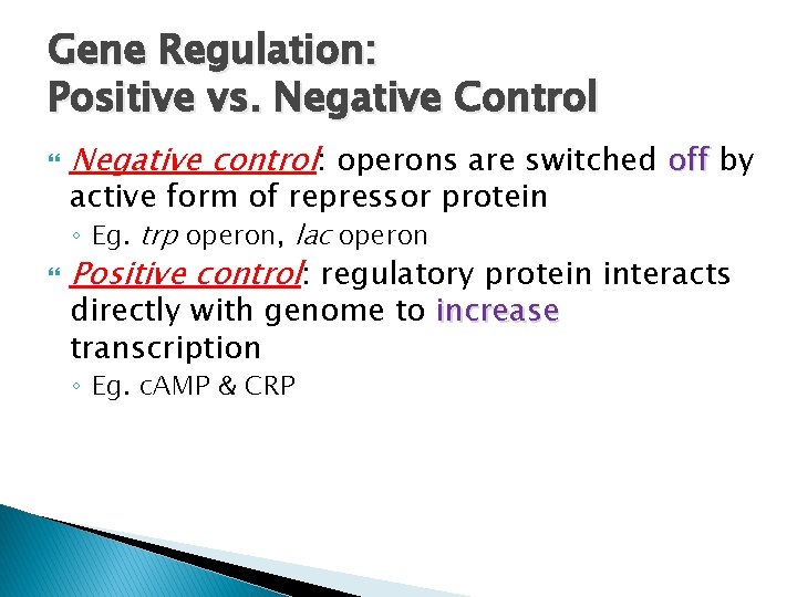 Gene Regulation: Positive vs. Negative Control Negative control: operons are switched off by active