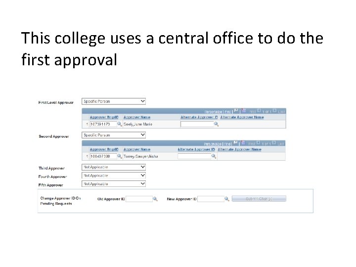 This college uses a central office to do the first approval 