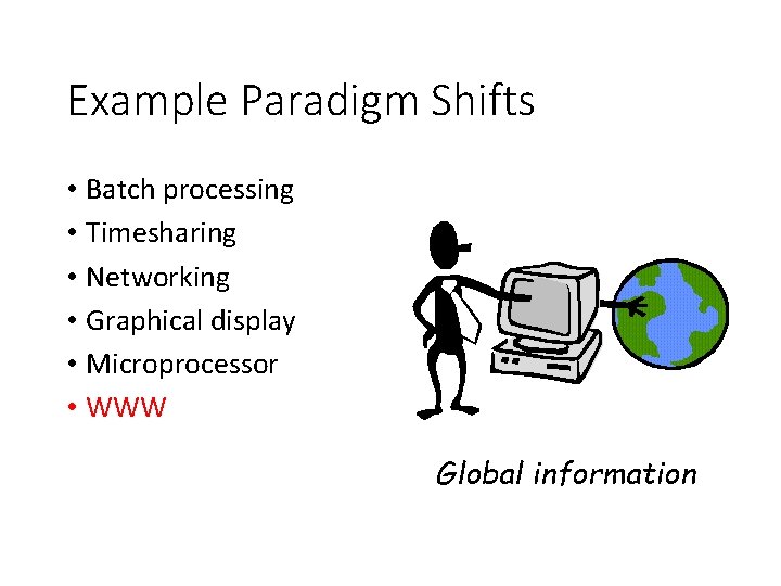 Example Paradigm Shifts • Batch processing • Timesharing • Networking • Graphical display •