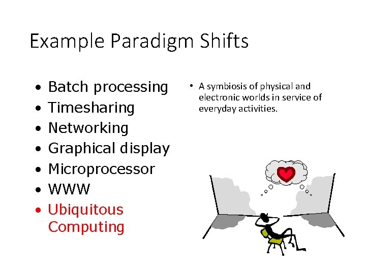 Example Paradigm Shifts • • Batch processing Timesharing Networking Graphical display Microprocessor WWW Ubiquitous