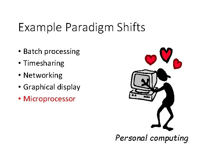 Example Paradigm Shifts • Batch processing • Timesharing • Networking • Graphical display •