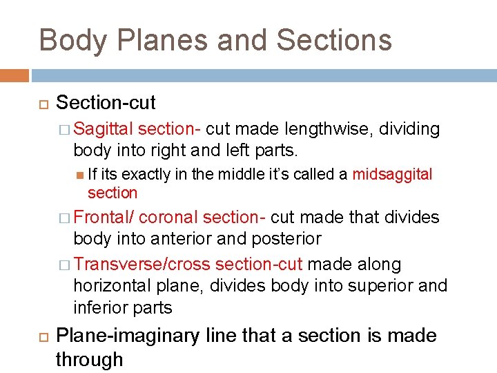 Body Planes and Sections Section-cut � Sagittal section- cut made lengthwise, dividing body into