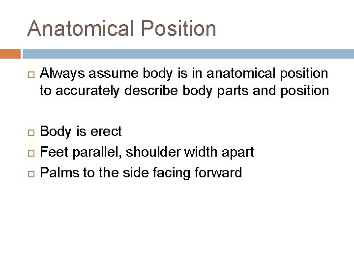 Anatomical Position Always assume body is in anatomical position to accurately describe body parts