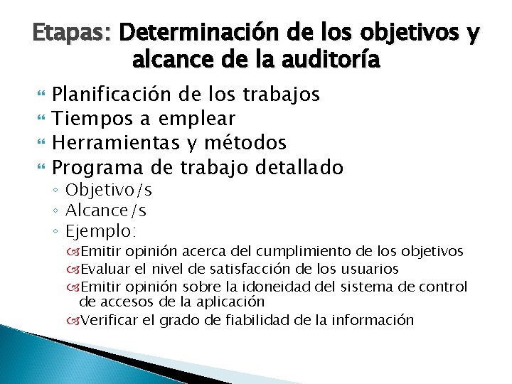 Etapas: Determinación de los objetivos y alcance de la auditoría Planificación de los trabajos