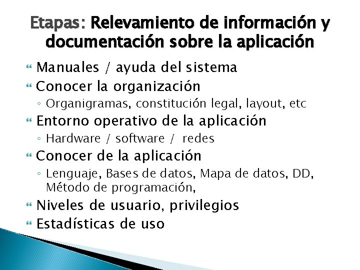 Etapas: Relevamiento de información y documentación sobre la aplicación Manuales / ayuda del sistema