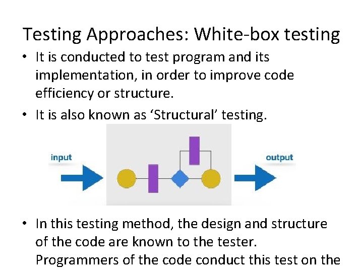 Testing Approaches: White-box testing • It is conducted to test program and its implementation,