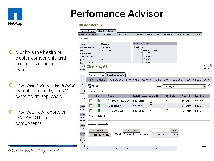 Perfomance Advisor ¡ Monitors the health of cluster components and generates appropriate events. ¡