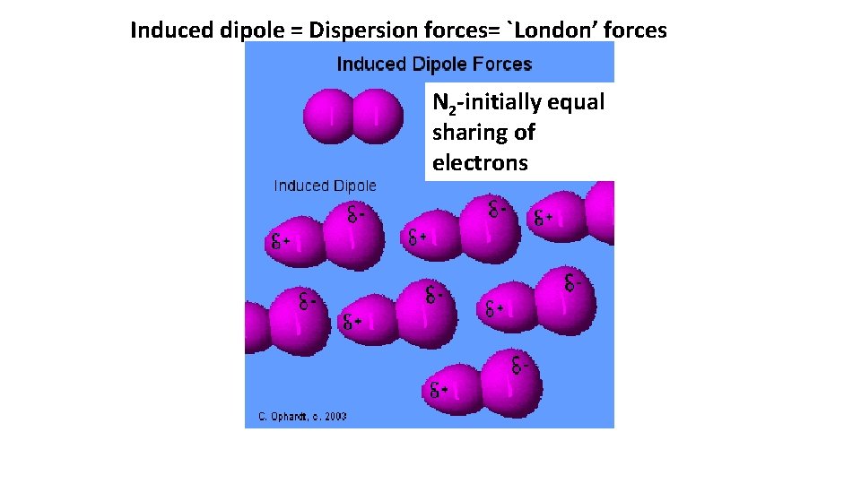 Induced dipole = Dispersion forces= `London’ forces N 2 -initially equal sharing of electrons