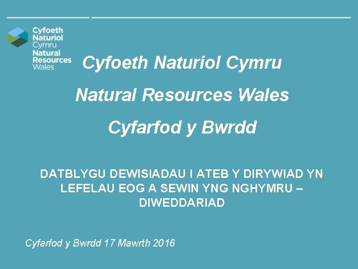 Cyfoeth Naturiol Cymru Natural Resources Wales Cyfarfod y Bwrdd DATBLYGU DEWISIADAU I ATEB Y