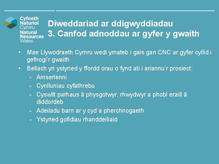 Diweddariad ar ddigwyddiadau 3. Canfod adnoddau ar gyfer y gwaith • Mae Llywodraeth Cymru