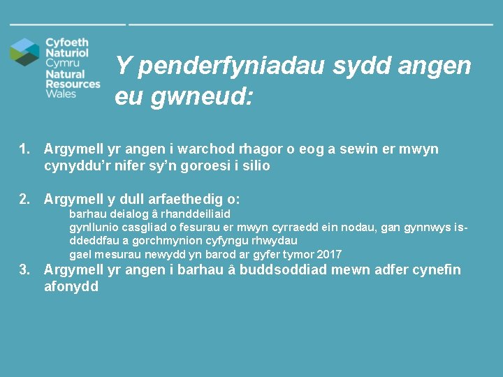 Y penderfyniadau sydd angen eu gwneud: 1. Argymell yr angen i warchod rhagor o