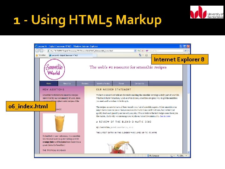 1 - Using HTML 5 Markup Internet Explorer 8 06_index. html 