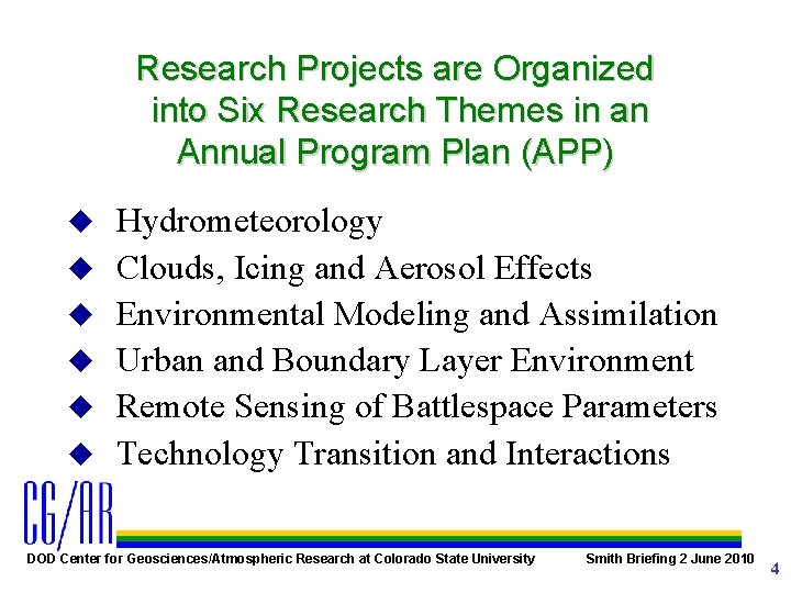 Research Projects are Organized into Six Research Themes in an Annual Program Plan (APP)