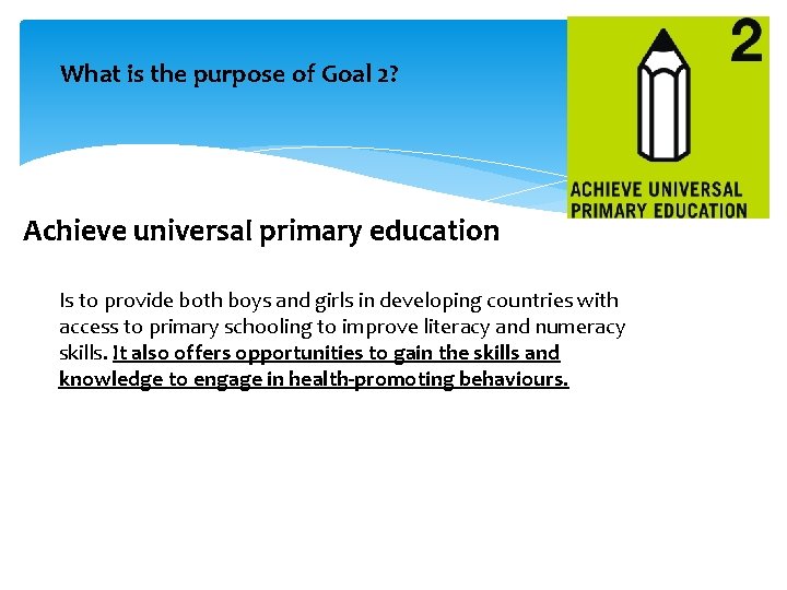 What is the purpose of Goal 2? Achieve universal primary education Is to provide