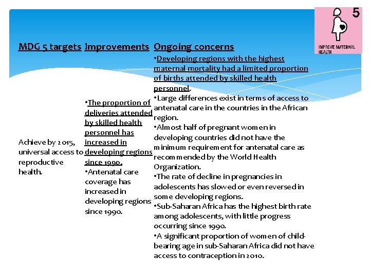 MDG 5 targets Improvements Ongoing concerns • Developing regions with the highest maternal mortality